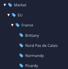 A taxonomy hierarchy for filters. At the top is Market. It has a child called EU. That has a child called France. That has several children for different regions of France, such as Brittany, Nord Pas de Calais, Normandy, and Picardy.