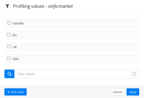 Profiling values dialog. This is where you can add filter values. The dialog here shows values for Canada, EU, UK, USA.