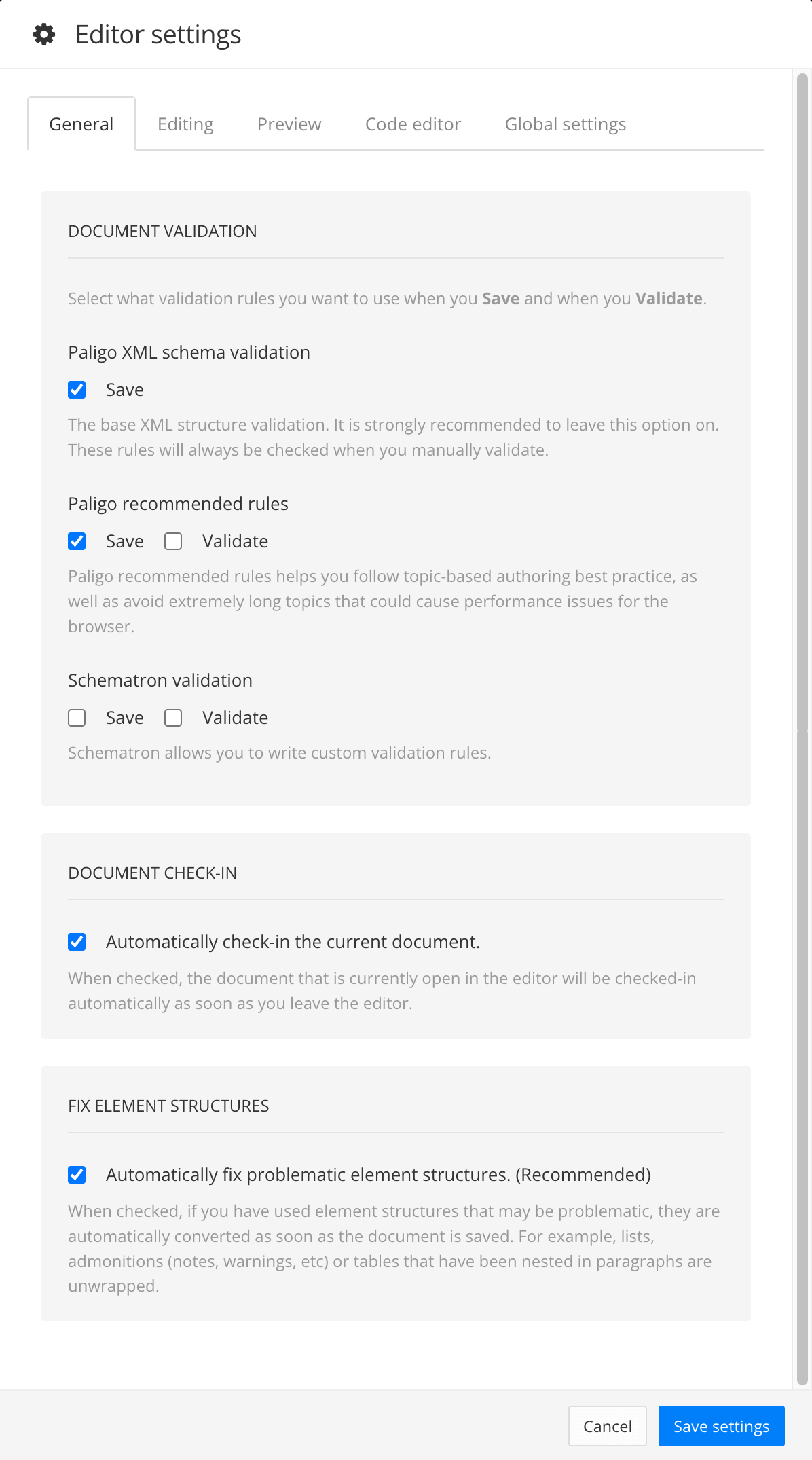 The editor settings dialog. It has general, editing, preview, code editor, and global settings tabs.