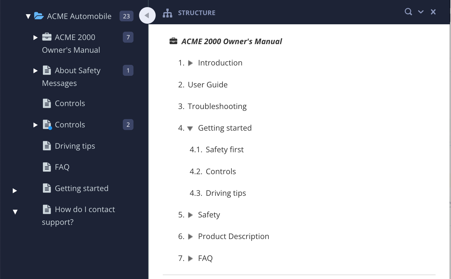 Structure View of a publication. The Content Manager is shown in a sidebar on the left. The Structure View is shown to the right and looks like a table of contents, with topics organized into a multi-level hierarchy.
