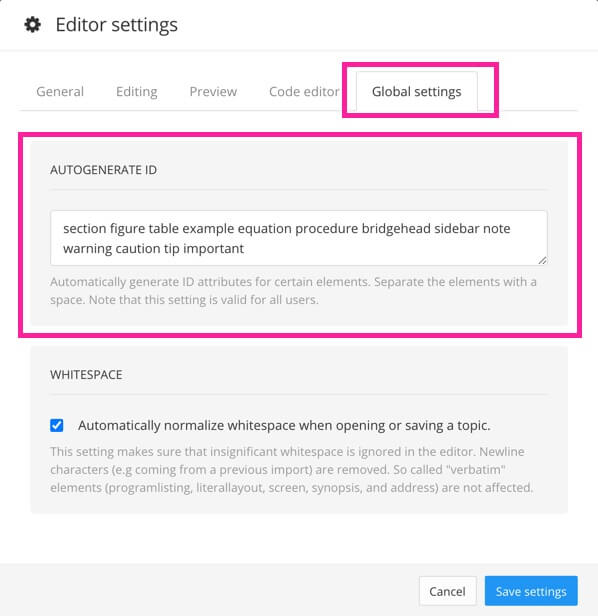 Editor settings dialog. The Global settings tab is shown and the Autogenerate ID field is highlighted. It contains a list of element names.