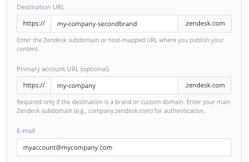 Paligo Zendesk integration settings. There is a section with an Account #1 heading. Inside it, there is a Your Zendesk url field, an E-mail field, and an API Key field.