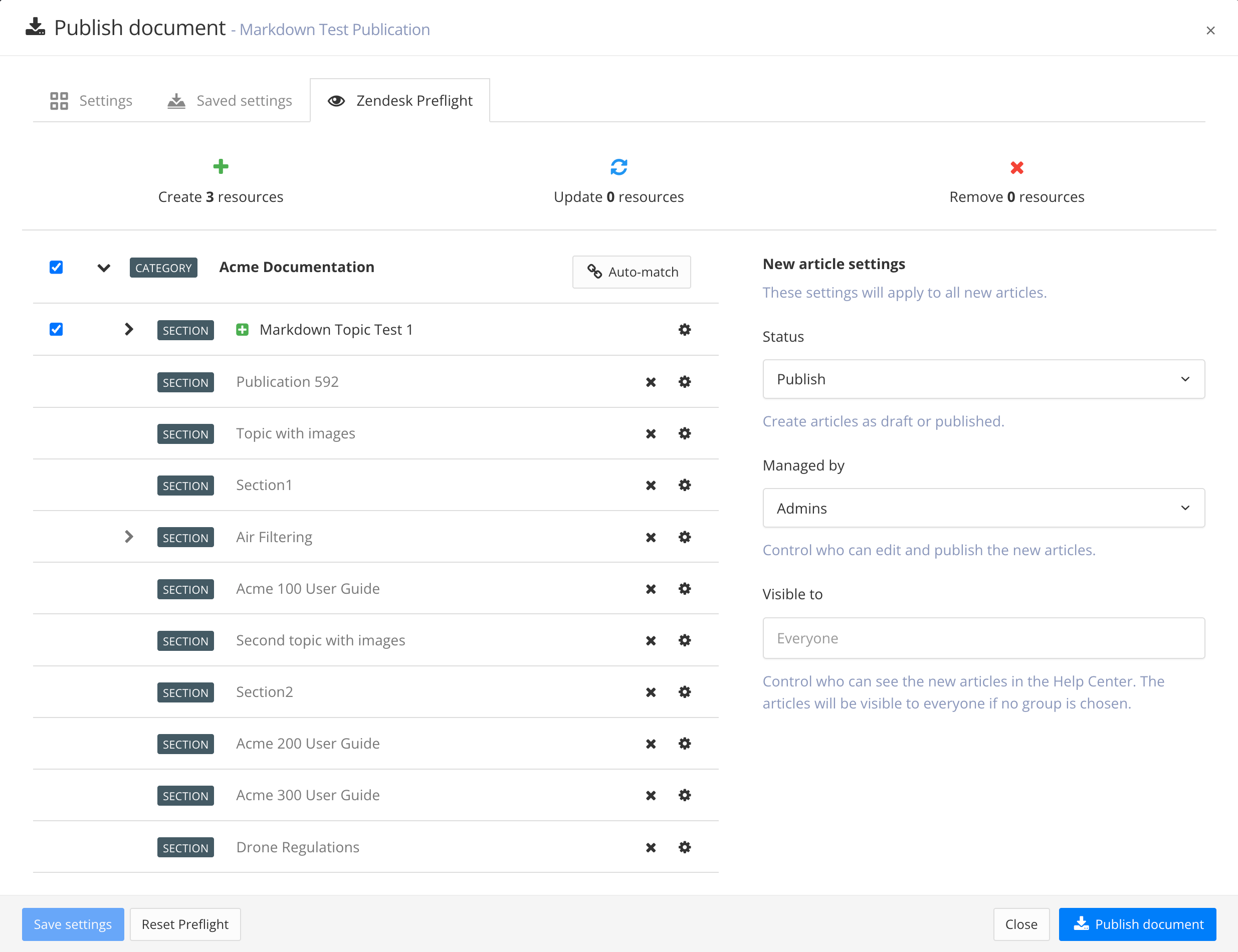Zendesk Preflight tab showing how Paligo topics are mapped to Zendesk sections and articles.