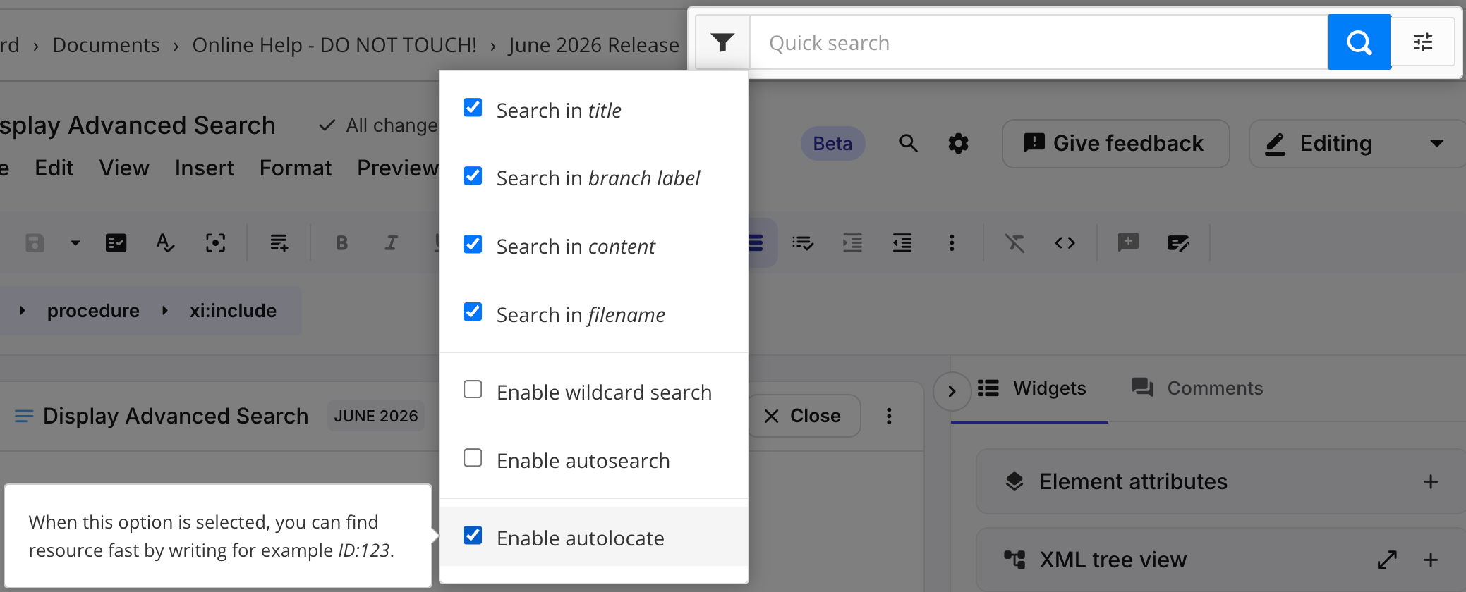 Quick Search Options in Paligo
