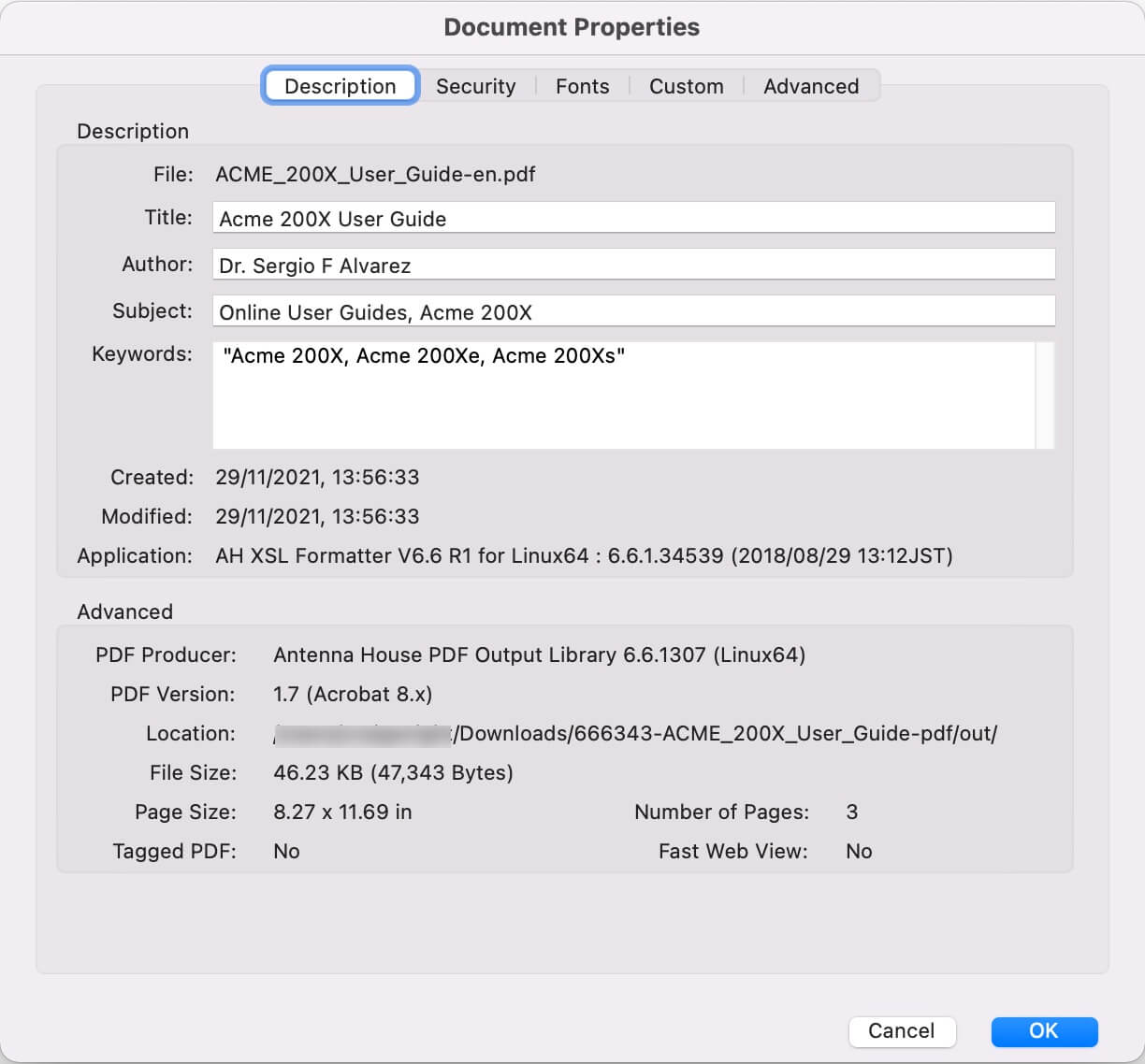 Document Properties in Adobe Acrobat. The dialog has many tabs with metadata about the document.
