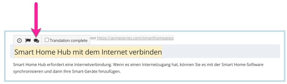 Translation View shows popup toolbar. A callout arrow points to the comment icon on the toolbar.